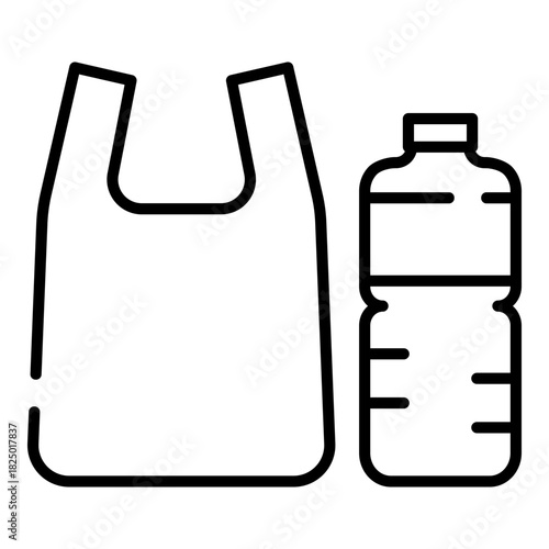 Plastic waste, bag, bottle black line icon
