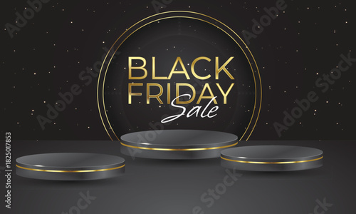 Shiny Black Friday sale banner with podium. Typography minimal text symbol for Black Friday sale with discount offer. Design template for Black Friday sale, promotion, advertising