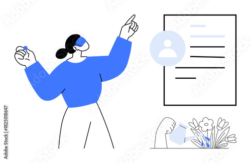 Woman gesturing toward personal profile details and nurturing flowers, combining learning, self-improvement, and growth. Ideal for career management, teamwork, personal development, education, online
