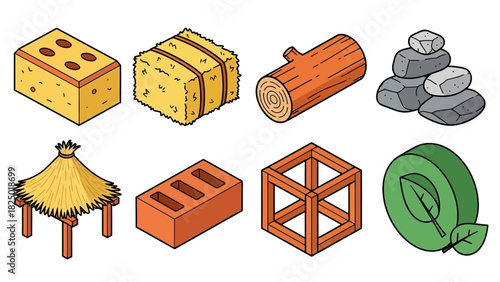 Isometric resources icons, building materials, agriculture, nature and construction elements