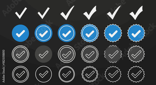 Collection of checkmark icons, including simple checks, circular badges, and outlined badges in various styles