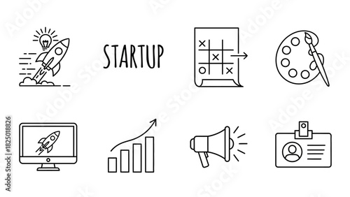 Minimalist line art icon set for business startups, featuring symbols for launch, strategy, growth, and marketing