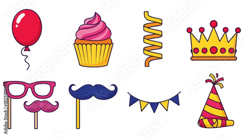 A collection of cheerful birthday party icons including a balloon, cupcake, party hat, and crown