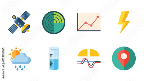 Modern flat design icon set for weather forecasting, satellite communication, environmental monitoring, data analysis, and precise location mapping