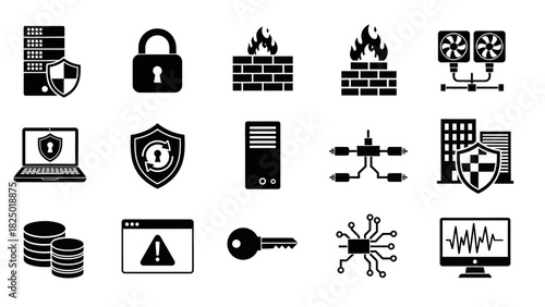 A simple icon set illustrating concepts of data security, network firewalls, server administration, and online privacy
