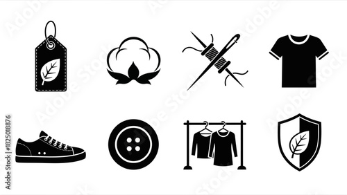 A collection of black glyph icons representing sustainable fashion, organic textiles, and eco-friendly apparel manufacturing concepts