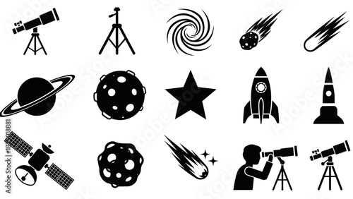 Collection of space-themed vector illustrations including telescopes, planets, rockets, and astronauts exploring the cosmos, perfect for educational or science-related projects