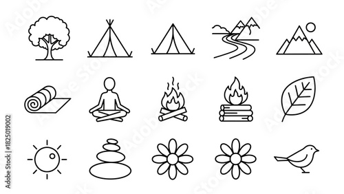 A comprehensive set of minimalist line art icons, embodying nature, outdoor adventures, and serene wellness, perfect for digital design and vector graphic illustrations