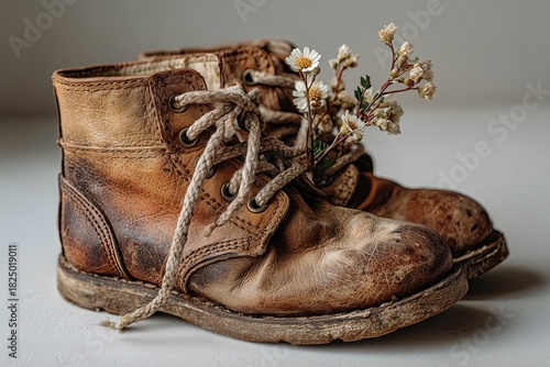 Close-up of old boots with daisies