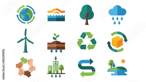 Set of colorful flat illustration icons for green energy, recycling, and sustainable living, isolated on a white background