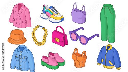 Collection of trendy and fashionable clothing and accessories for women, including a blazer, sneakers, top, sunglasses, and pants