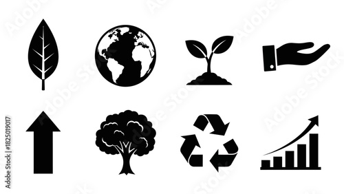 A versatile icon set illustrating key concepts of ecology, sustainability, global business, and economic progress