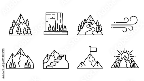 Collection of Mountain and Nature Icons representing Peaks, Landscapes, and Outdoor Adventures