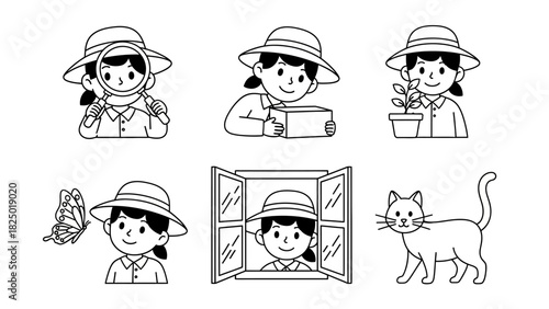 A collection of simple, charming line drawings depicting children engaged in various activities and a cat, perfect for educational and playful content