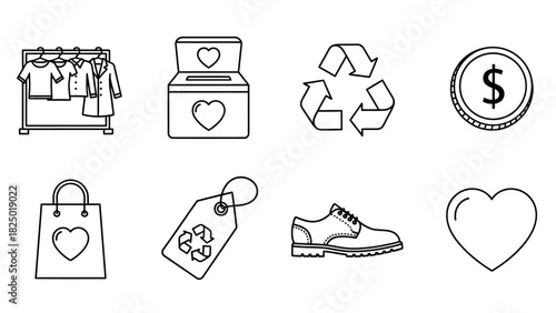 Collection of Line Art Icons Illustrating Charity, Recycling, and Clothing Items