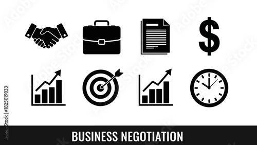 Business Negotiation Icons Handshake, Briefcase, Documents, Dollar Sign