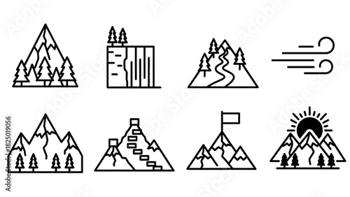 Set of mountain and nature line icons, symbolizing outdoor adventure, hiking, and travel exploration concepts
