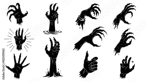 Spooky Zombie Hands Silhouette Vector Collection. Creepy Monster Claws, Rising from Grave, and Various Scary Gestures Perfect for Halloween Horror Designs and Graphic Elements