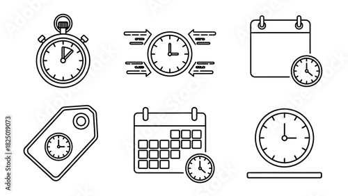A versatile set of thin line icons representing time management, scheduling, appointments, and deadlines. This vector collection includes stopwatch, calendar, and clock symbols