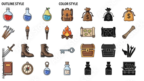 Adventure Icons Set Backpacks, Treasure, Maps, Bottles, And Tools - Outline and Color Styles