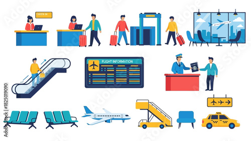 Airport Travel Icons Seamless Vector Set for Aviation and Tourism Designs