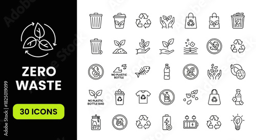 Eco-friendly line art vector icons for zero waste and sustainable living, illustrating environmental protection, recycling, organic choices, and renewable energy concepts