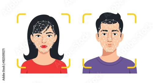 Facial recognition technology for identification and security purposes on white background