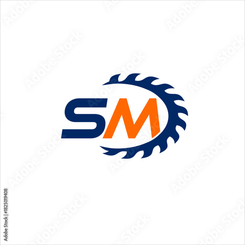 SM letter logo design with saw blade illustration.