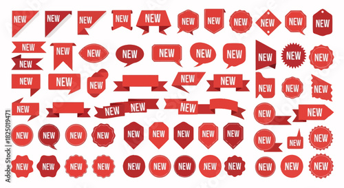 Comprehensive collection of dynamic red 'NEW' graphic elements, including diverse tags, modern labels, striking banners, and elegant ribbons, ideal for digital marketing and product launches