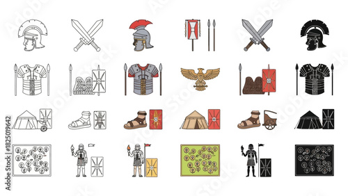 Collection of Roman military icons and illustrations representing ancient warfare and civilization