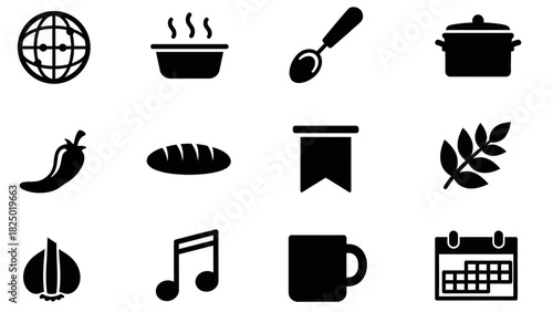 A collection of icons representing various lifestyle, food, and cultural elements, including cooking, music, and travel symbols
