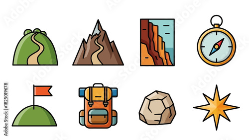 Colorful Travel Icon Set with Mountains, Compass, and Backpack