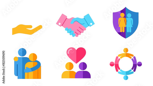 A collection of flat design vector icons illustrating concepts of community, relationships, support, trust, and partnership for web and mobile design