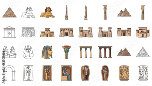 A comprehensive set of Ancient Egypt icons, featuring famous landmarks, pharaohs, and cultural symbols in both outline and colored illustration styles