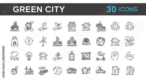Collection of line art illustrations for green cities, featuring sustainable urban development, renewable energy, eco-friendly transport, and environmental conservation