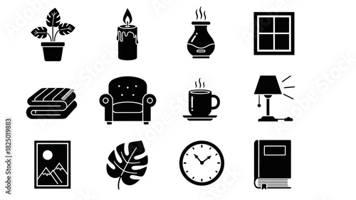Set of interior design and home decor flat icons including plants, furniture, lighting, and time elements