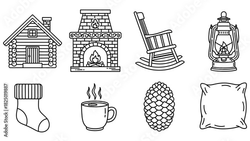 A collection of outline icons representing a cozy winter retreat, featuring a log cabin, fireplace, and warm drink for a rustic hygge lifestyle