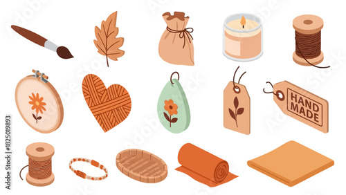 Isometric vector icons set representing handmade goods, crafting supplies, and creative hobbies for DIY projects