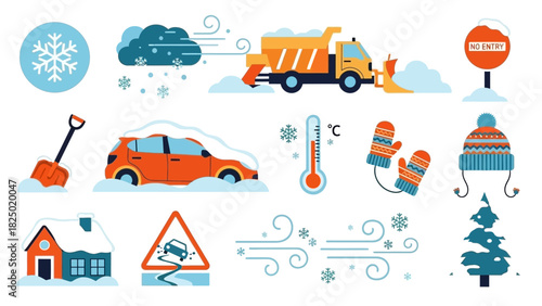 Winter Weather Icons Snowflakes, Snowplows, and Cold Day Elements for Seasonal Designs