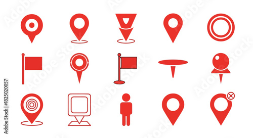 Collection of various red location map pin and marker icons for navigation and search on a white background