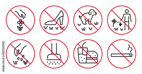 Black and red line lawn icon set with crossed out circles. Prohibitory round signs for parks and gardens. Linear vector prohibitive symbols. Outline pictogram bundle, editable stroke