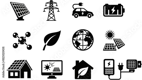 Sustainable Energy Icons Solar Panels, Electric Cars, and Eco-Friendly Concepts
