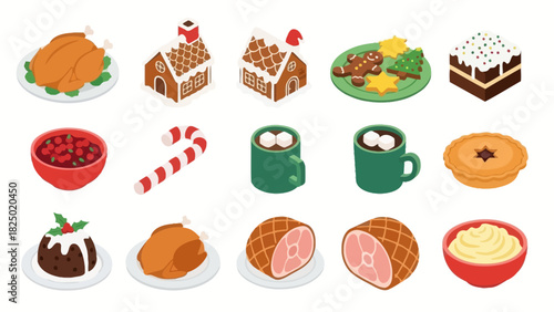 Festive Feast Colorful Christmas Holiday Food Icons for Design and Decoration