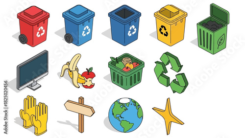 Isometric Recycling and Waste Management Icons Set Collection of Eco-Friendly Graphics