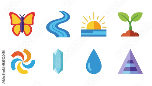 Set of Colorful Nature and Abstract Icon Illustrations for Various Design Projects