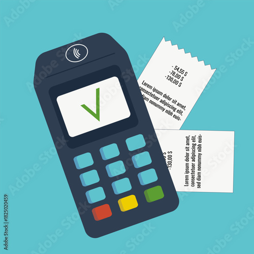 A bank terminal with buttons and a monitor on a turquoise background, card payment, payment, two receipts with text, text field, purchases, bank, money