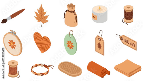 Diverse collection of monochrome line art icons depicting various handcrafted objects, tools, and materials essential for traditional arts and crafts, ideal for graphic design projects