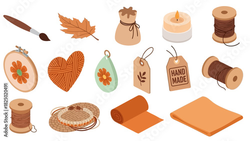 Diverse collection of monochrome line art icons depicting various handcrafted objects, tools, and materials essential for traditional arts and crafts, ideal for graphic design projects
