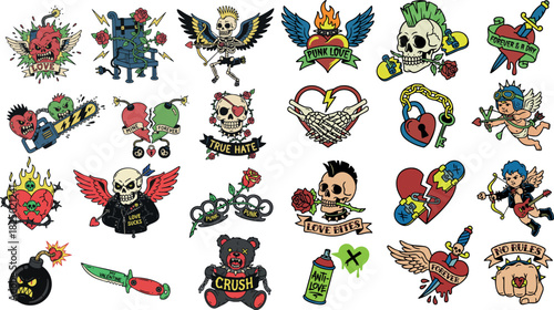 Colorful tattoo flash designs featuring skulls hearts roses wings daggers and banners with vintage style illustrations