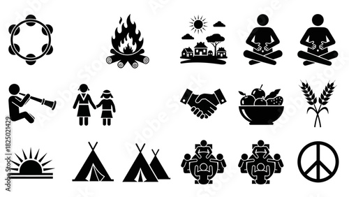 Diverse collection of monochrome line art icons depicting various handcrafted objects, tools, and materials essential for traditional arts and crafts, ideal for graphic design projects